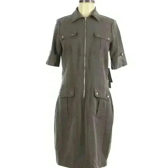 True Envy Gray Front Zipper Pockets Buttons Cuffed Sleeves Dress Size 8 New - Picture 1 of 7